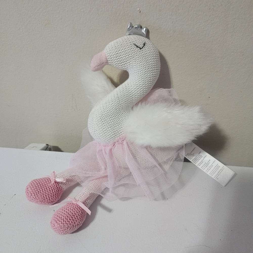 Elegant Baby Swan Tutu Rattle Ballerina Plush Knitted Toy Pink White Floppy  9"